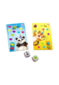 Dwie kolorowe plansze do gry: jedna z pandą na niebieskim tle z sercami; druga z tygrysem na żółtym tle z gwiazdami.