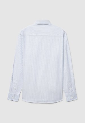 Hellblau-weiß gestreiftes Langarmhemd aus gewebtem Stoff, mit Button-Down-Kragen und Standardmanschetten.