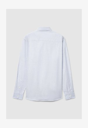 Hellblau-weiß gestreiftes Langarmhemd aus gewebtem Stoff, mit Button-Down-Kragen und Standardmanschetten.