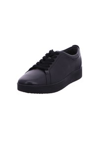 Black leather sneaker with rounded toe, flat rubber sole, and contrasting laces. Smooth surface with subtle stitching details.
