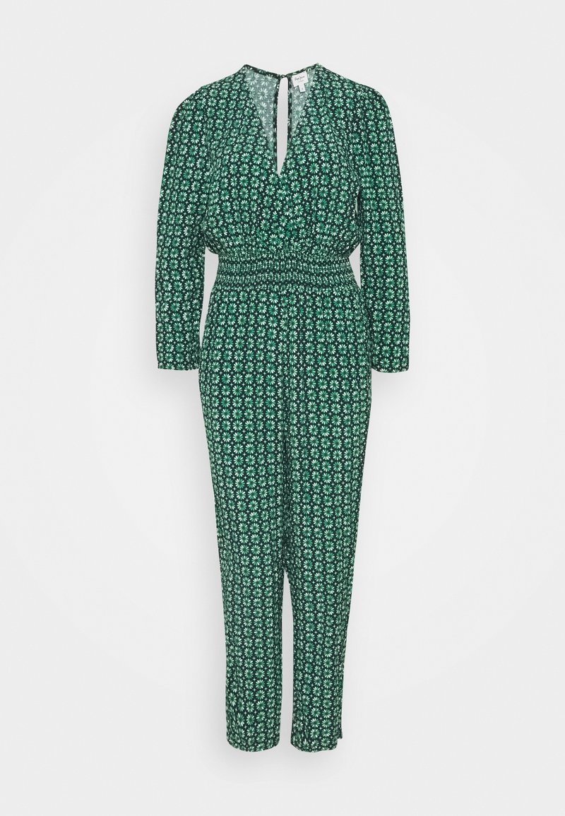 Combinaison à manches longues avec un motif vert, taille smockée et décolleté plongeant. Présente un design floral avec des accents blancs et vert clair.