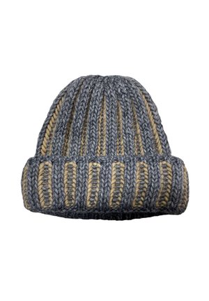 Dikke gebreide muts met afwisselend brede verticale grijze en beige geribbelde strepen en een omgeslagen rand.