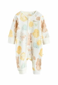 Ribbad vit babybody med pastellfärgade djur- och solmotiv i gult, orange och mintgrönt. Dragkedja framtill och muddar vid ärmsluten.