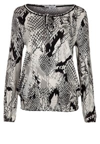 Langärmlige Bluse mit einem schwarz-weißen Schlangenmuster, rundem Ausschnitt, gerafftem Saum und einer weichen, glatten Textur.