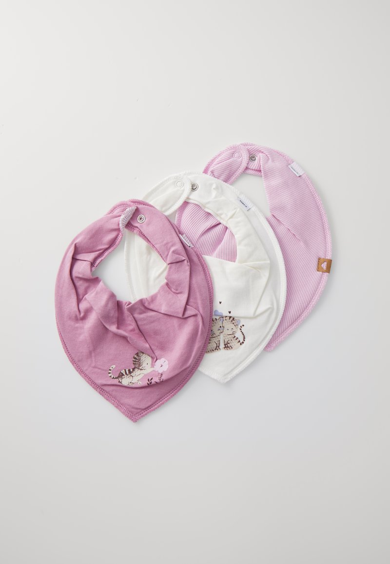 Three bibs in a triangle shape: one pink cotton with a tiger print, one white with ribbed texture, and one light pink. Adjustable snap closures.