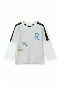 Pilkas ilgarankopis marškinys su juodais akcentais, su mėlynomis "R." raidėmis ir spausdintais detalėmis, pagamintas iš minkštos medvilnės medžiagos.