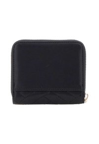 Portefeuille zippé noir en cuir lisse, avec un motif matelassé en bas et un tirant de fermeture éclair de couleur argentée.