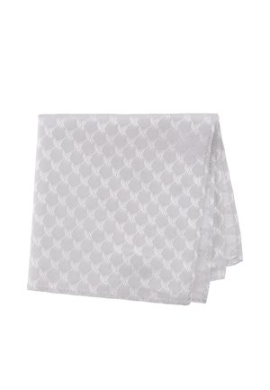 Weißer Stoff, gefaltet, mit einem dezenten, sich wiederholenden Muster aus kleinen, strukturierten, kreisförmigen floralen Designs.