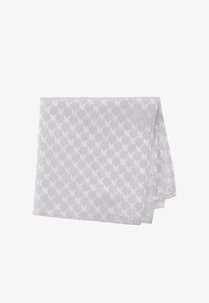 Weißer Stoff, gefaltet, mit einem dezenten, sich wiederholenden Muster aus kleinen, strukturierten, kreisförmigen floralen Designs.