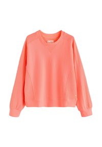 Coral sweatshirt with a textured knit design, round neckline, and long sleeves. Features ribbed cuffs and a hem, with a small logo accent.