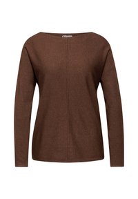 Maglietta marrone a maniche lunghe con scollo ampio, caratterizzata da una texture morbida e un dettaglio di cucitura centrale. Design semplice e dalla vestibilità rilassata.