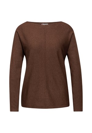 Bruine lange mouwen top met een brede halslijn, met een zachte textuur en een centrale naaddetail. Eenvoudig, relaxed fit ontwerp.