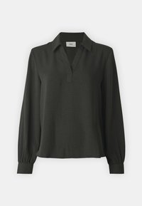 Blusa lunga a maniche nere di un verde scuro con scollo a V, colletto strutturato e polsini arricciati. Realizzata in un tessuto leggero e testurizzato con una vestibilità rilassata.