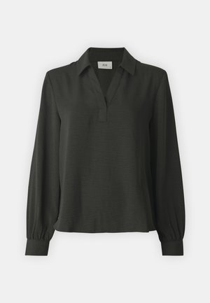 Sötétzöld, hosszú ujjú blúz V-nyakkal, struktúrált gallérral és redőzött mandzsettákkal. Könnyű, texturált anyagból készült, laza szabású.