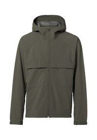 Olivengrüne, leichte, wasserdichte Jacke mit Kapuze, Frontreißverschluss, zwei großen Brusttaschen und verstellbaren Bündchen. Strukturierte Innenfutter sichtbar.