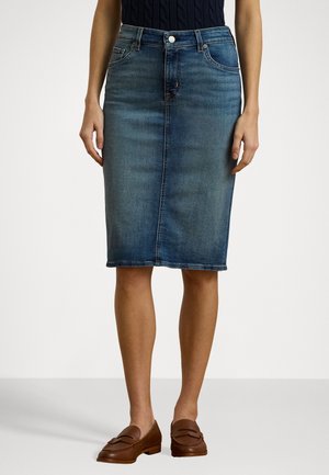 Jeans blyantskjørt i mørkeblått med middels høyde på livet, frontknapplukking og klassisk fem-lomme-design. Glatt tekstur, kne-lengde.