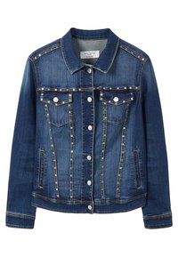 Giacca in denim di colore blu scuro con dettagli in borchie argentate lungo la parte anteriore, due tasche sul petto e un colletto tradizionale. Chiusura frontale con bottoni.