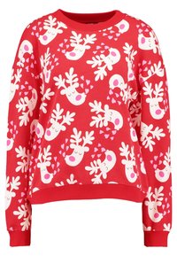 Sweat-shirt rouge avec un motif répété de têtes de rennes blanches avec des accents roses et des cœurs, confectionné en tissu doux mélangé coton.