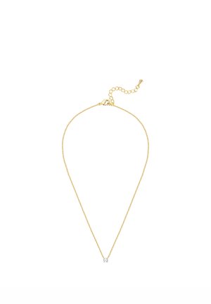 Delicate gold chain necklace with a small round clear gemstone pendant and adjustable clasp on white background.