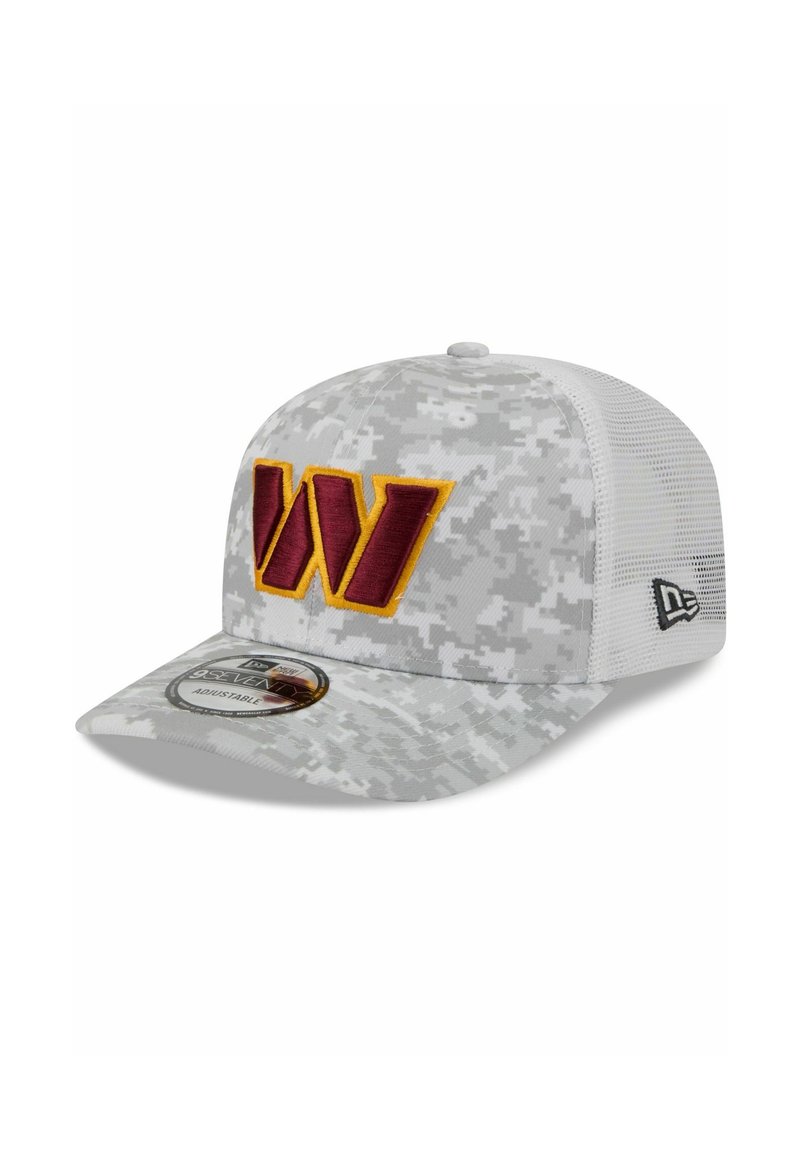 Gray digital camo cap with white mesh sides. Features a large maroon and yellow embroidered "W" logo on the front. Adjustable fit.