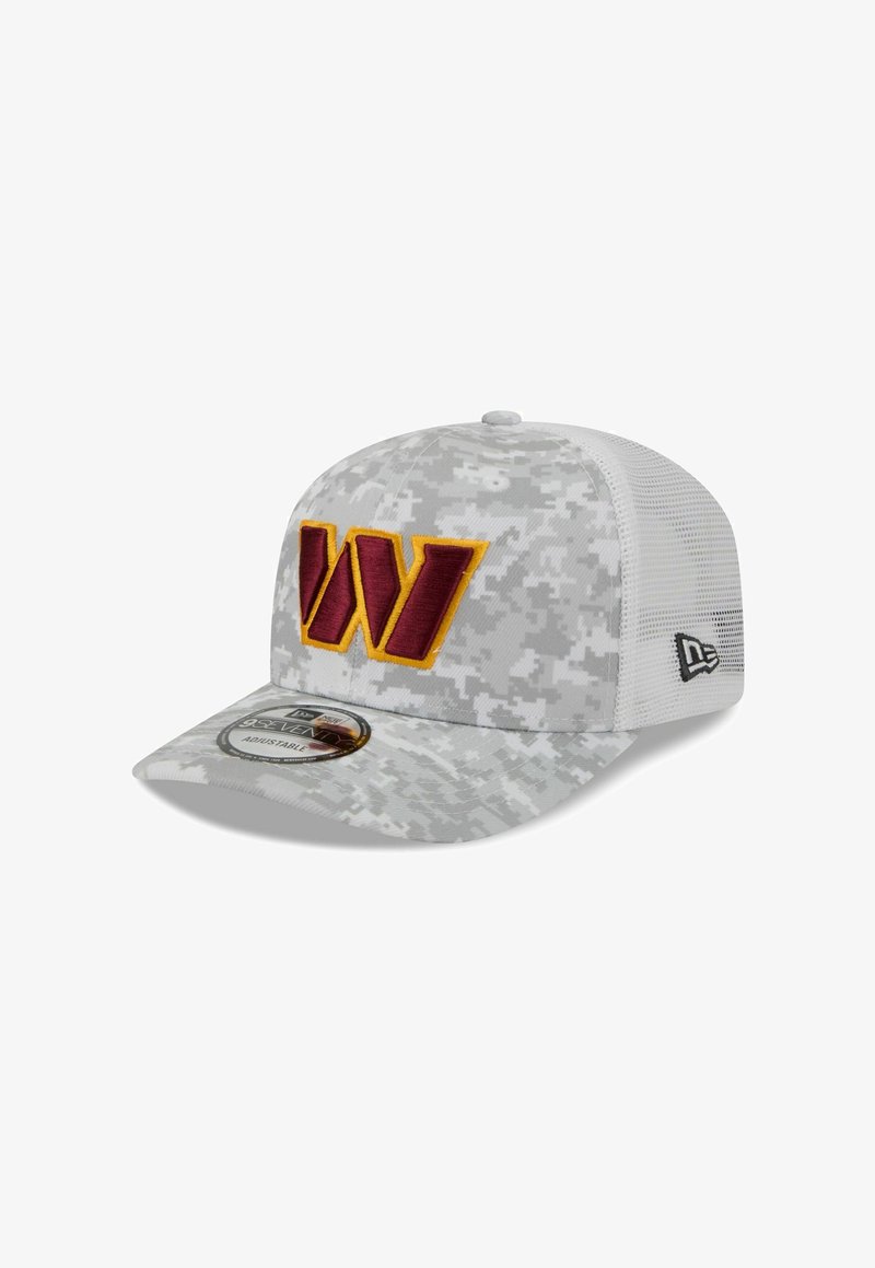 Gray digital camo cap with white mesh sides. Features a large maroon and yellow embroidered "W" logo on the front. Adjustable fit.