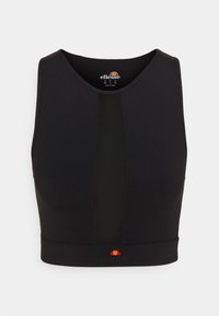 Czarny krótki top z okrągłym dekoltem, z centralnym panelem z siateczki. Wykonany z elastycznego materiału z ozdobnym logo przy dolnym brzegu.