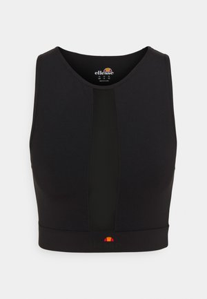 Czarny krótki top z okrągłym dekoltem, z centralnym panelem z siateczki. Wykonany z elastycznego materiału z ozdobnym logo przy dolnym brzegu.