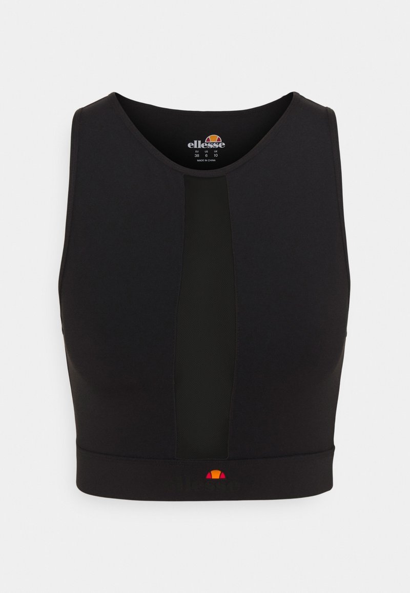 Czarny krótki top z okrągłym dekoltem, z centralnym panelem z siateczki. Wykonany z elastycznego materiału z ozdobnym logo przy dolnym brzegu.