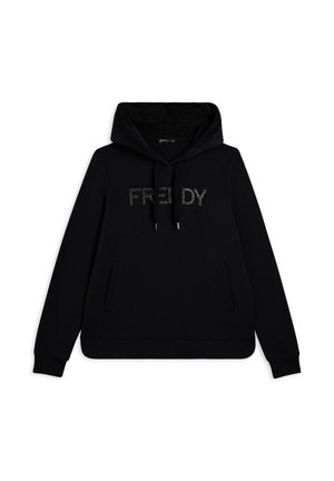 Felpa nera con cappuccio, tasche frontalmente, e "FREDDY" scritto in strass sul petto. Tessuto morbido e liscio.