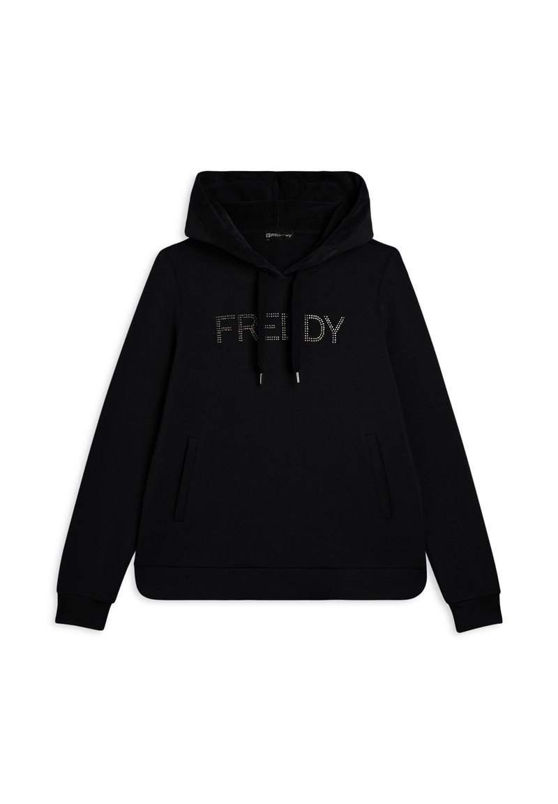 Felpa nera con cappuccio, tasche frontalmente, e "FREDDY" scritto in strass sul petto. Tessuto morbido e liscio.