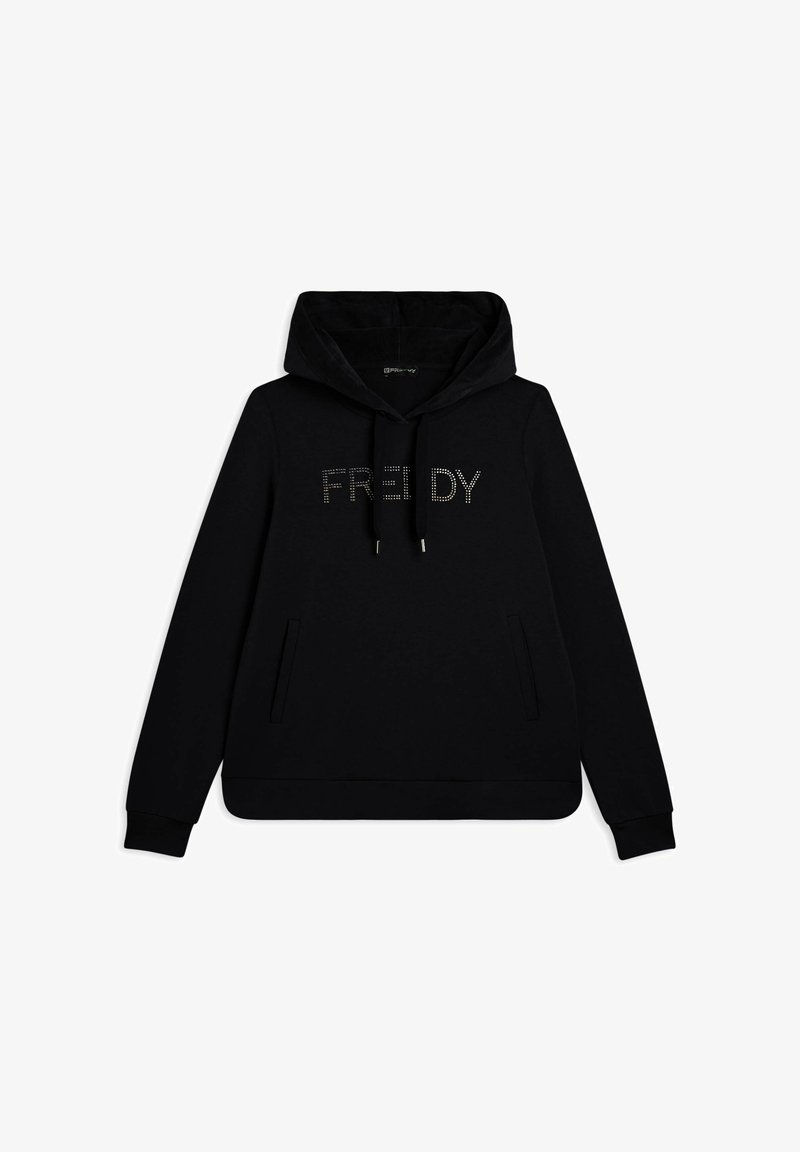 Felpa nera con cappuccio, tasche frontalmente, e "FREDDY" scritto in strass sul petto. Tessuto morbido e liscio.