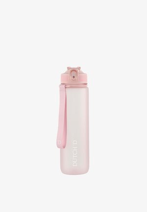 Hoge frost roze waterfles met klapdeksel, draagband en "DUTCH D" verticaal op de voorkant gedrukt.