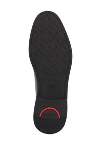 Suola di scarpa in gomma nera con motivo testurizzato e logo. Presenta un accento circolare rosso vicino al tallone. Bordo liscio e forma della punta arrotondata.