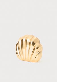 Gold-toned, shell-shaped clutch with smooth surface and pleated design; features a rounded top and base for a compact silhouette.