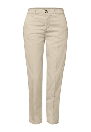 Béžové kalhoty s přímým střihem, zapínáním na knoflík a zip, s poutky na pásek a předními kapsami, navržené pro běžné nebo pracovní nošení.