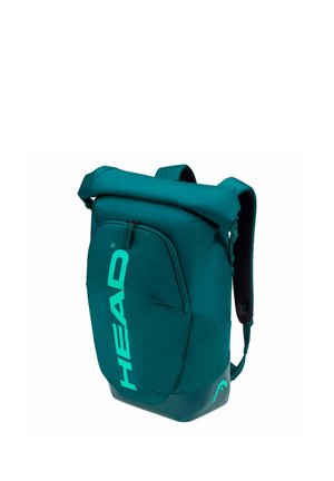 Teal rolltop rugzak met voorvak met rits, gewatteerde schouderbanden en groot blauw-groen "HEAD" logo aan de voorkant.