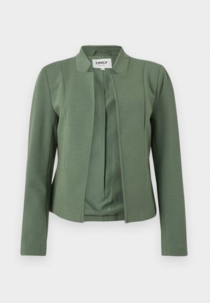 Olivgrüner, kragenloser Blazer mit langen Ärmeln, strukturierten Nähten und offenem Vorderteil der Marke ONLY.