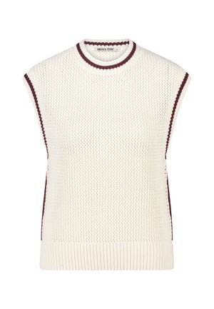 Witte gebreide mouwloze sweater-vest met kastanjebruine bies aan de kraag, armgaten en zijkanten, met een gestructureerd opengeweven patroon.