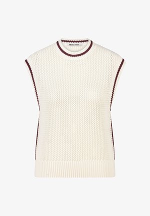 Witte gebreide mouwloze sweater-vest met kastanjebruine bies aan de kraag, armgaten en zijkanten, met een gestructureerd opengeweven patroon.