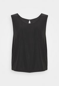 Černý top bez rukávů s kulatým výstřihem a malým průstřihem na zádech. Vyrobený z hladké látky, s volným střihem a bočními kapsami.