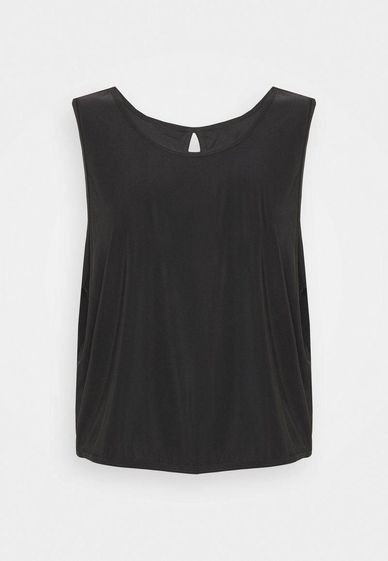Černý top bez rukávů s kulatým výstřihem a malým průstřihem na zádech. Vyrobený z hladké látky, s volným střihem a bočními kapsami.