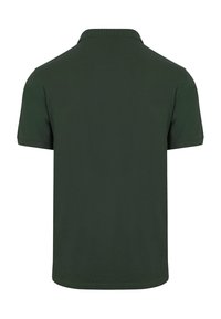 Donkergroene polo shirt, korte mouwen, kraag, gladde stof, standaard snit, geen zichtbare merk- of ontwerpelementen aan de achterkant.