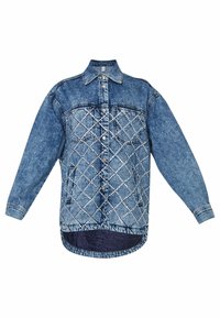 Denim shirt featuring a quilted design with a diamond pattern, embellished with silver studs. Blue color, button-up front, and long sleeves.