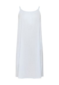 Abito bianco senza maniche realizzato in tessuto leggero, caratterizzato da un collo arricciato e una vestibilità ampia e rilassata con orlo dritto.