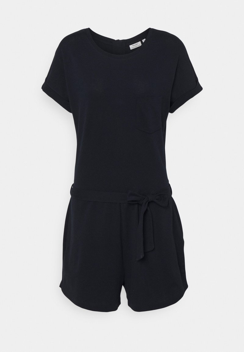 Combinaison noire à manches courtes avec encolure ronde, poche poitrine et ceinture nouée à la taille, présentée sur fond blanc.