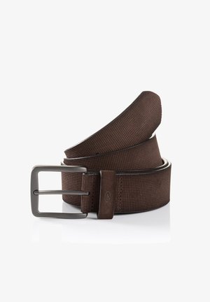 Brown textured belt with a smooth leather finish, metal buckle, and contrasting stitching. Rolled design with subtle branding detail.
