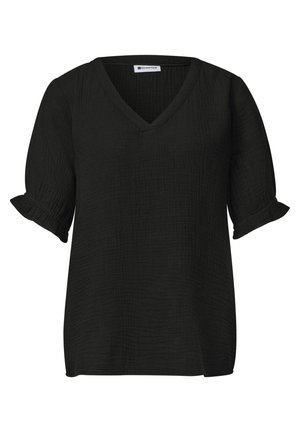 Street One, KURZARM BLUSE MIT V-NECK UND RÜSCHEN - Blouse - black
