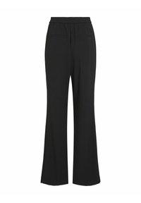 Zwarte wijde broek met een elastische tailleband, voorzien van twee voorzakken. De stof lijkt zacht en lichtgewicht, geschikt voor casual wear.