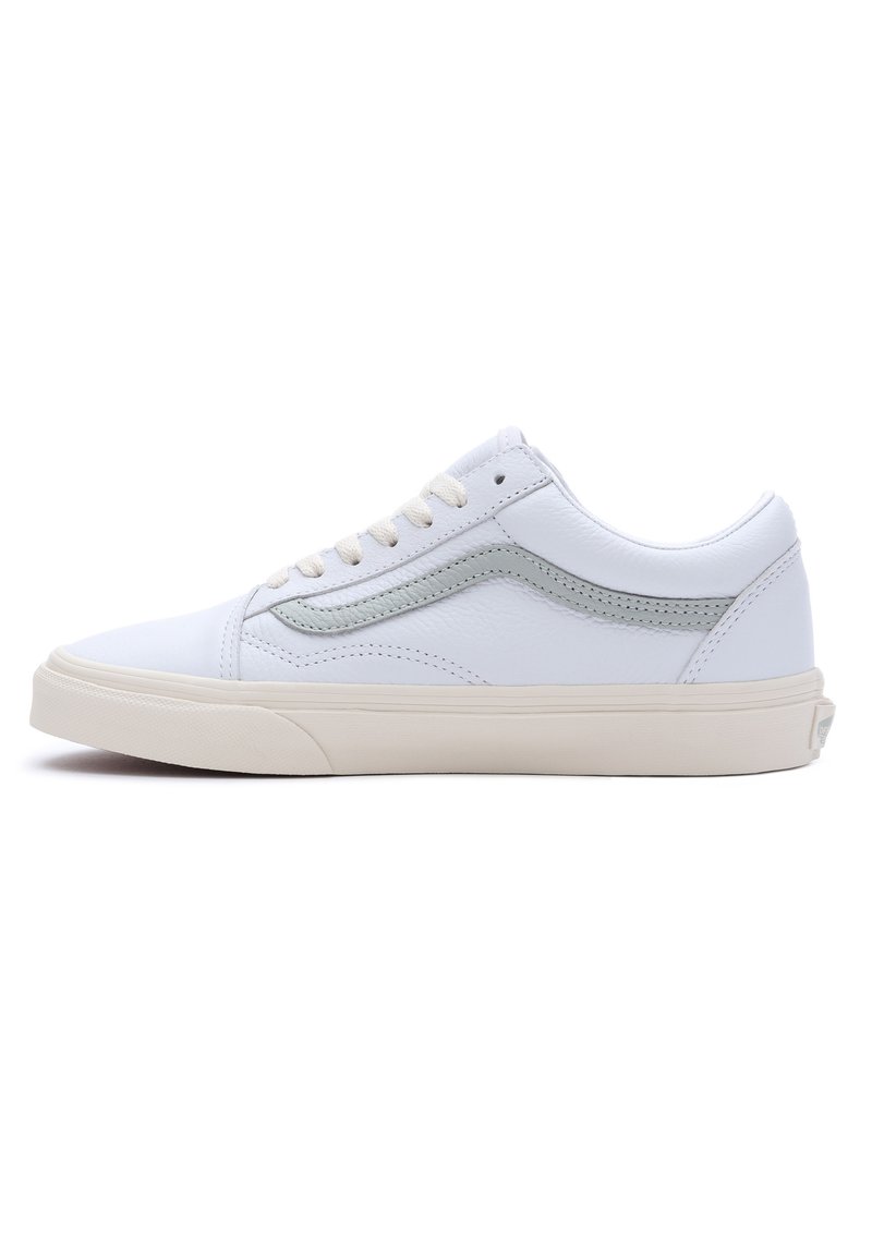 Sneaker in pelle bianca con accenti grigio chiaro, punta rotonda, chiusura con lacci piatti, suola in gomma testurizzata e dettagli di cucitura minimi.