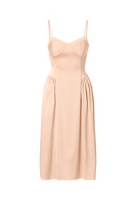 Pfirsichfarbenes ärmelloses Kleid mit tailliertem Oberteil und gerafftem Rock, aus glattem Stoff gefertigt, mit Herz-Ausschnitt und dünnen Trägern.